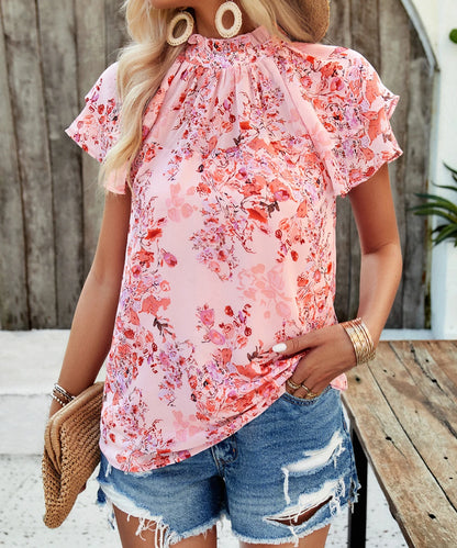 Women Elegant Casual Flower Printed Petal Short Sleeve Blouse Top/1-1-1-1