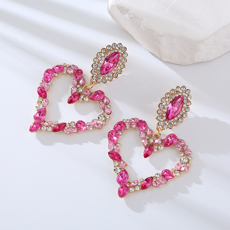 Women Girl Heart Shaped Shiny Rhinestone Earring