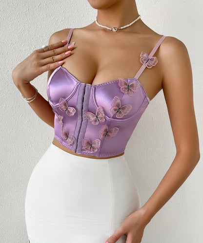 Women Lace Panel Hook-and -Eye Butterfly e Crop Top Adjustable Strap Bustier Cami Top/2-2-1-1