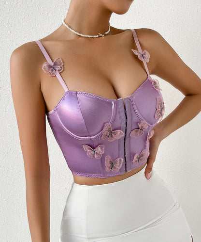 Women Lace Panel Hook-and -Eye Butterfly e Crop Top Adjustable Strap Bustier Cami Top/2-2-1-1