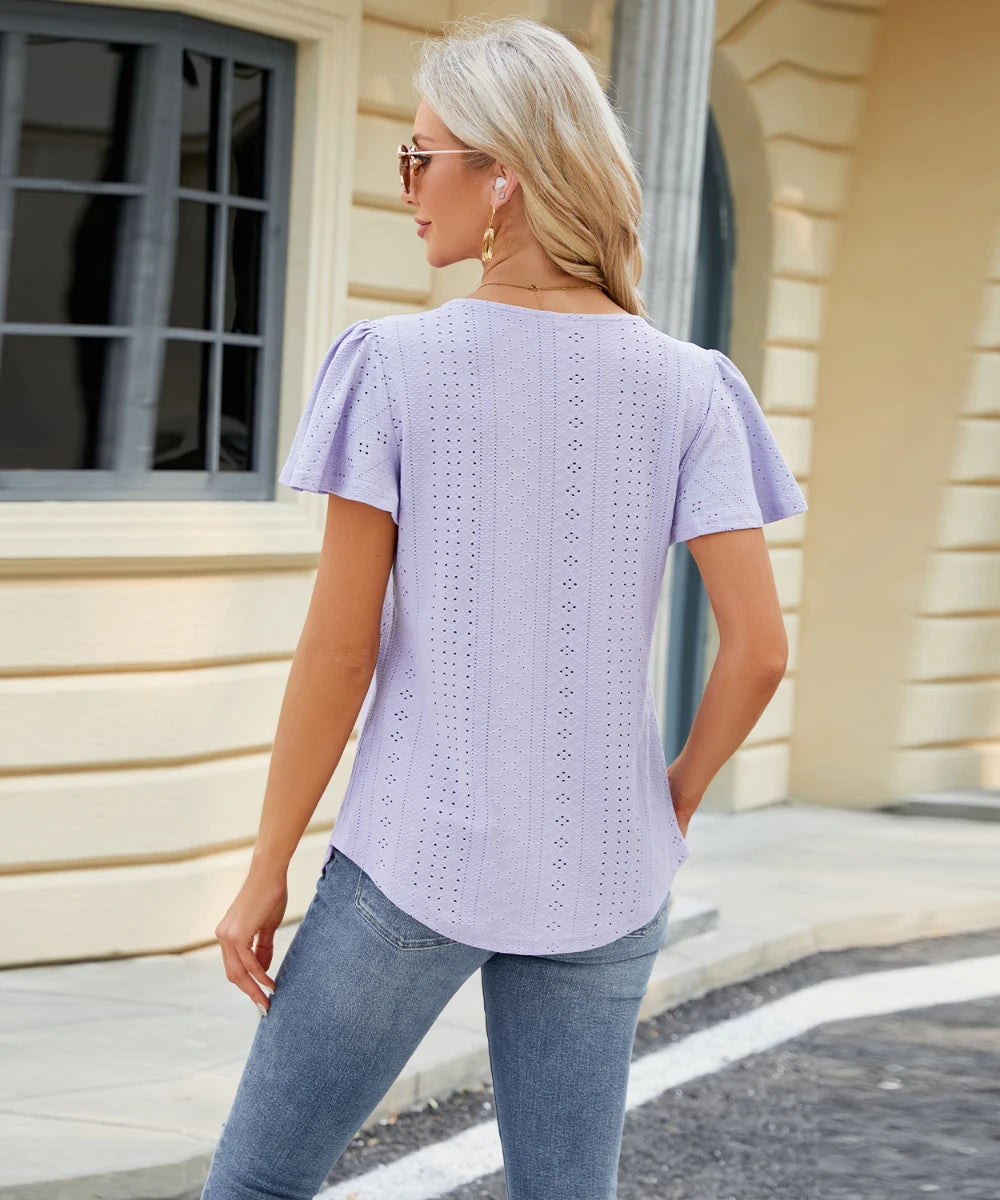 Women Eyelet Fabric Square Neck Short Sleeve Summer T-Shirt Tops / 1-1-1-1-1