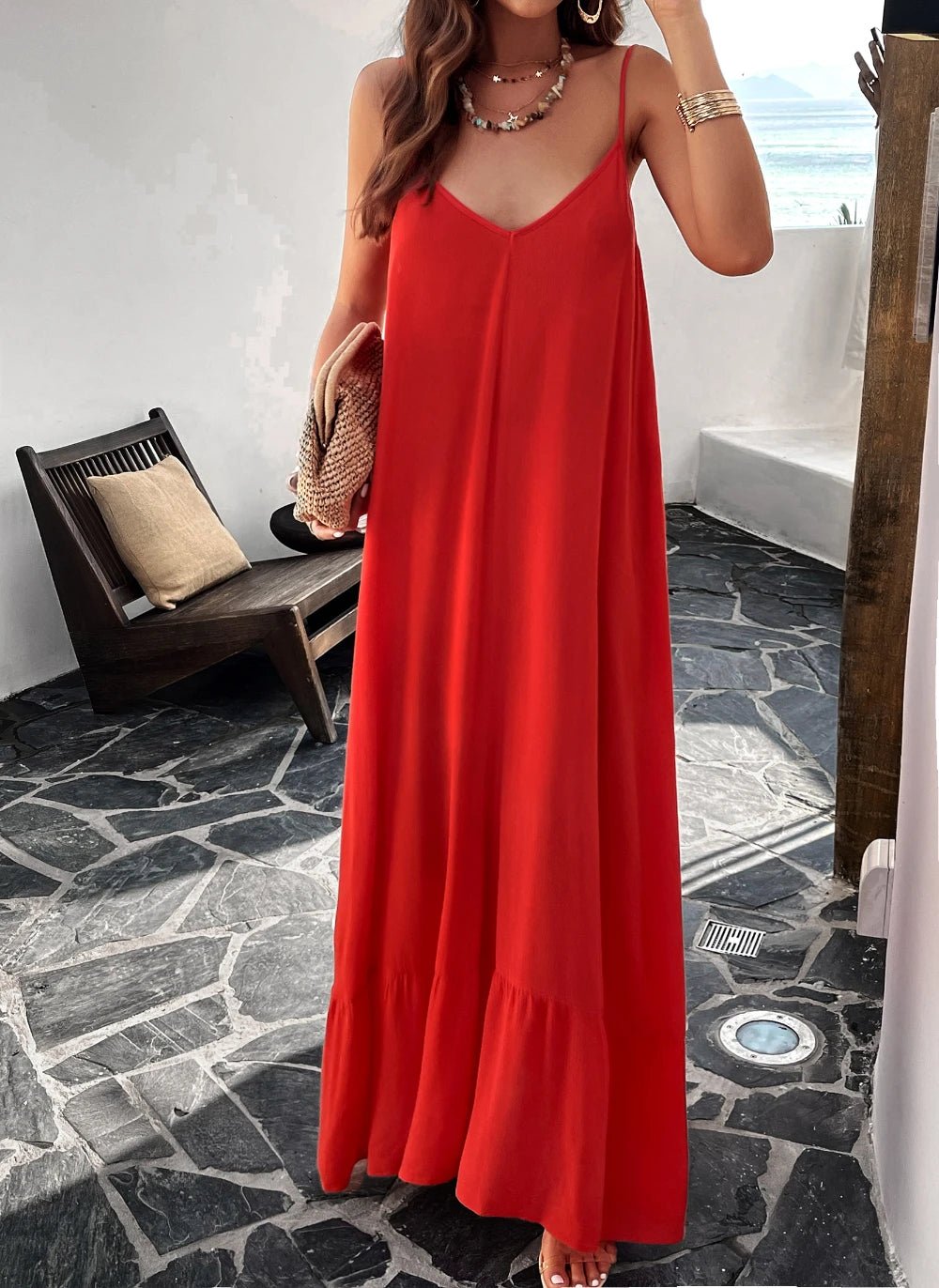 Women Summer Casual Solid Color Slip Maxi Dresses with Pocket/1-1-1-1