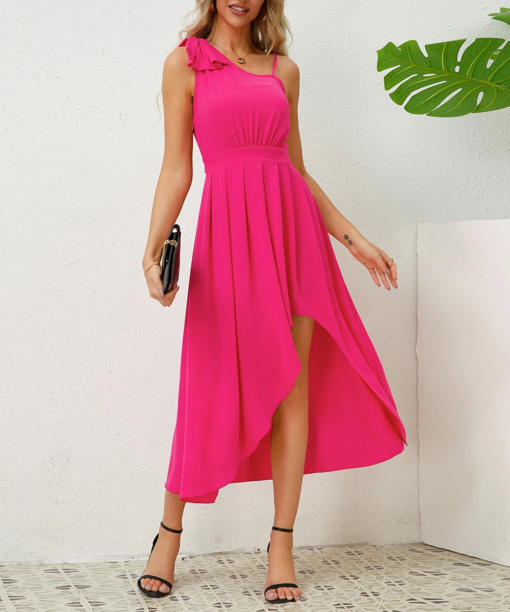 Women Summer Bow Tie Sleeveless Irregular Hem Solid Color Dresses/1-1-1-1-1