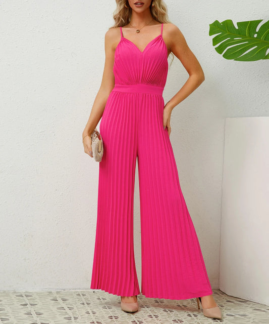 Women Solid Color Wide Leg V Neck Sleeveless Pleated Spaghetti Strap Jumpsuit/1-1-1-1-1