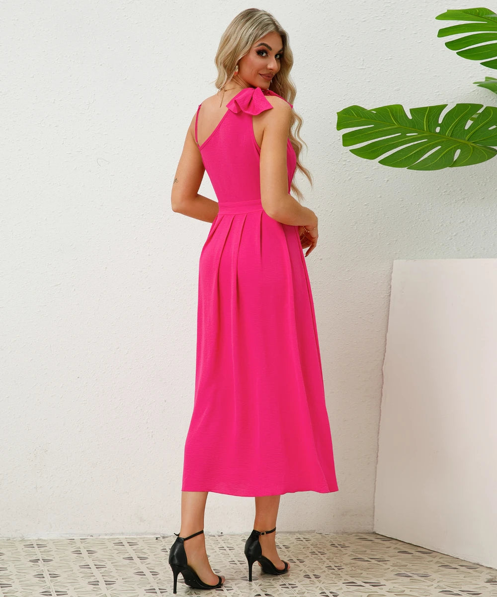 Women Summer Bow Tie Sleeveless Irregular Hem Solid Color Dresses/1-1-1-1-1