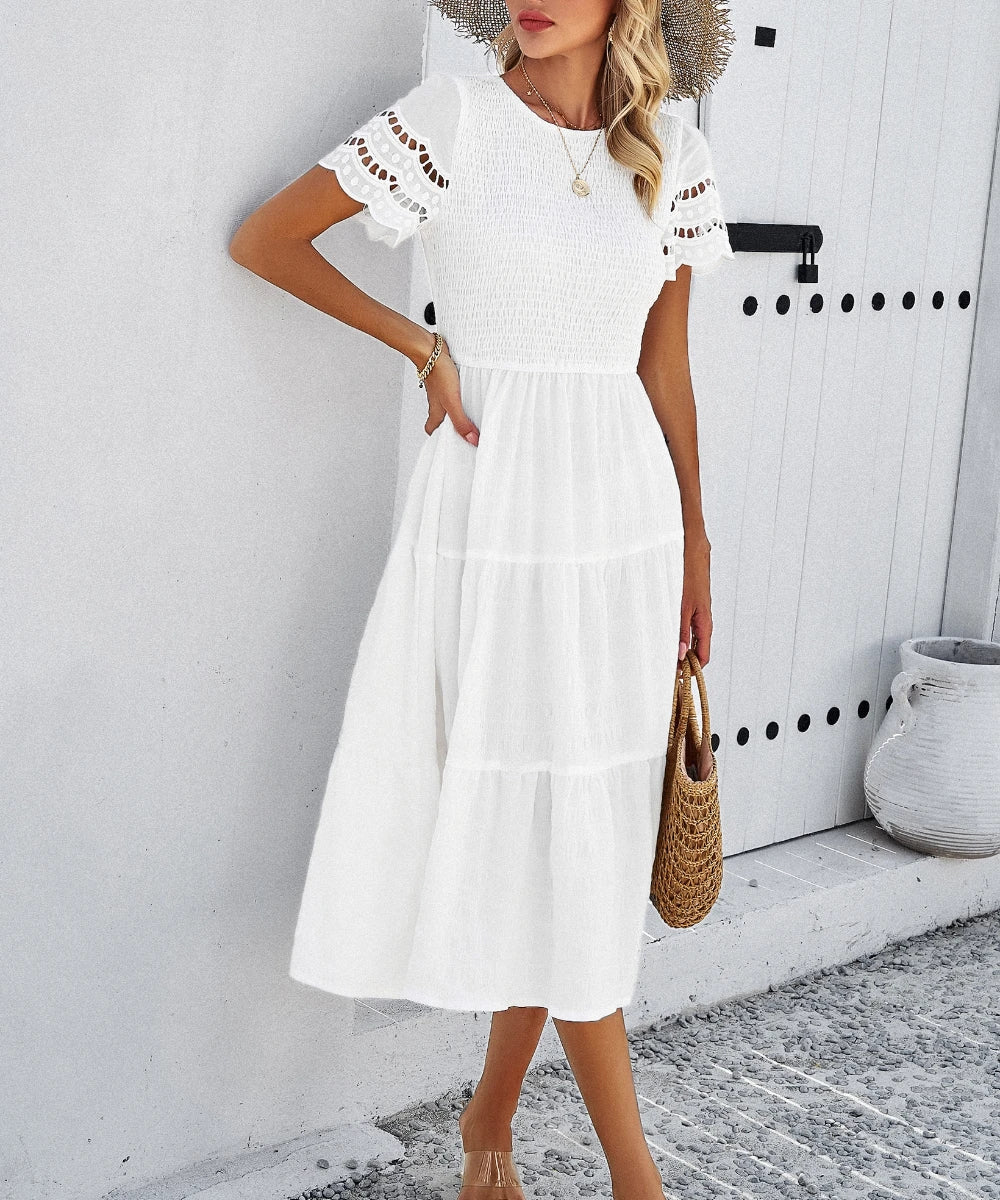 Women Summer Shirred Hollow Out Short Sleeve A-Line Elegant Dresses/1-1-1-1