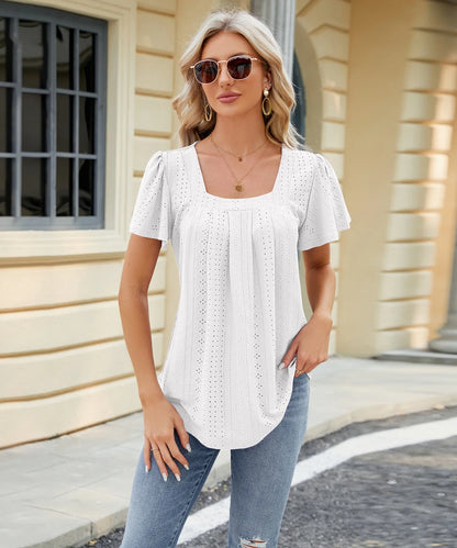 Women Eyelet Fabric Square Neck Short Sleeve Summer T-Shirt Tops / 1-1-1-1-1