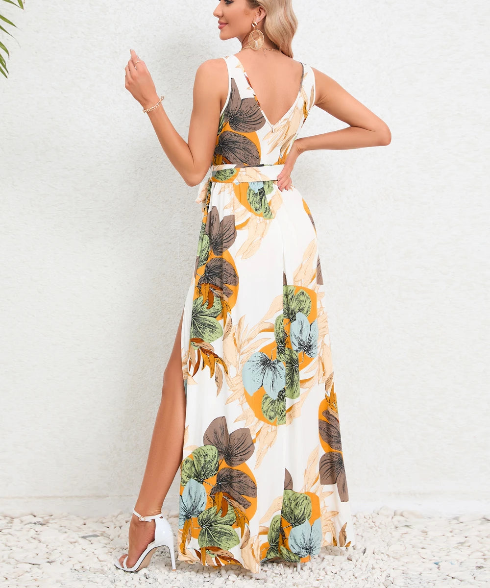 Women Elegant Summer Printed Sleeveless Slit Wrap Maxi Dress with Belt/1-1-1-1-1