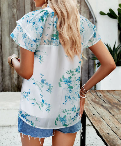 Women Elegant Casual Flower Printed Petal Short Sleeve Blouse Top/1-1-1-1