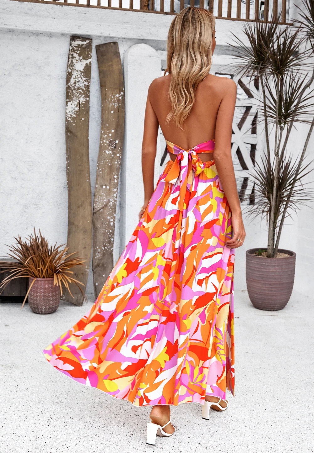 Women Summer Printed Backless Shirred Maxi Dresses/1-1-1-1