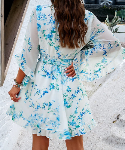 Women Elegant Printed Bell Sleeve Chiffon Wrap Dress with Belt/ 1-1-1-1