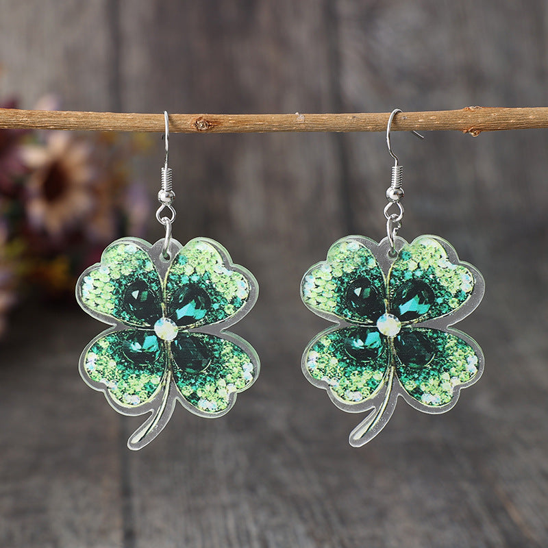 Women Lady‘s Green four-leaf Clover Earring Retro Jewelry