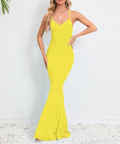 Women Solid Color Fishtail Slim Fit Backless Maxi Dresses/1-1-1-1-1