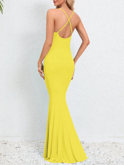 Women Solid Color Fishtail Slim Fit Backless Maxi Dresses/1-1-1-1-1