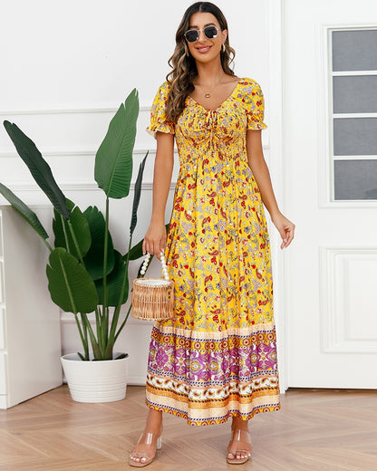 Women Western Style Boho Dresses Printed Short Sleeve Summer Dresses/1-1-1-1-1